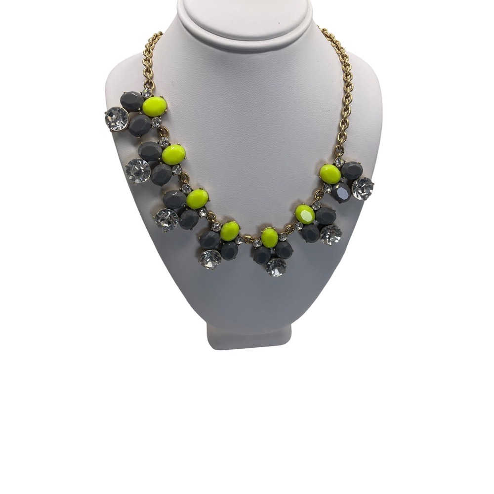 J.Crew Bib Necklace Womens OS Neon Yellow Grey Crystal Cluster Statement Bold